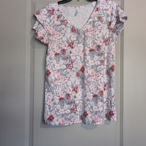 Chic Floral V-Neck Blouse - Red and Gray